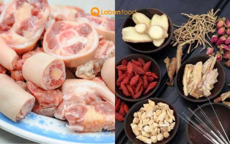 Đuôi trâu tươi và các vị thuốc bắc cần chuẩn bị. đuôi trâu hầm thuốc bắc