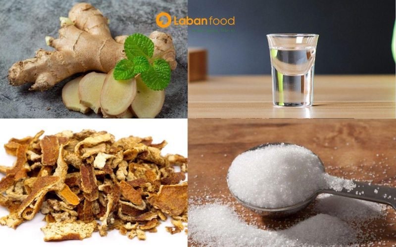 Bộ gia vị khử mùi gồm gừng rượu trắng trần bì và đường phèn. đuôi trâu hầm thuốc bắc