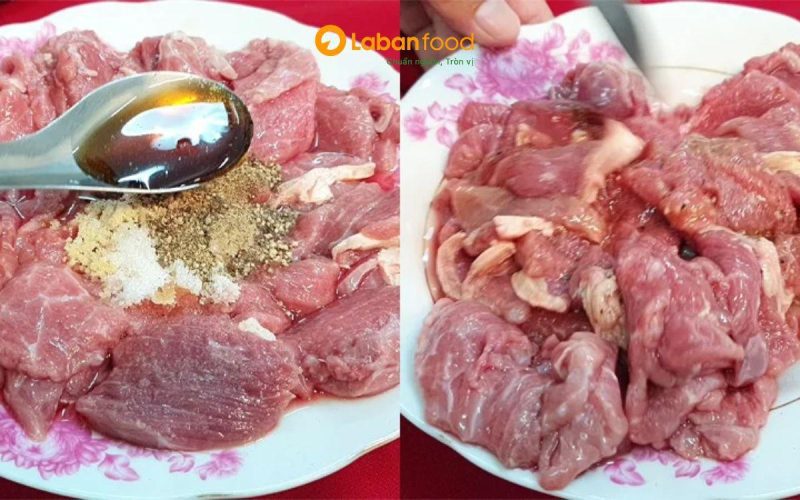Chuẩn bị nạc vai trâu thái mỏng ngang thớ và tẩm ướp gia vị. cach uop thit trau mem